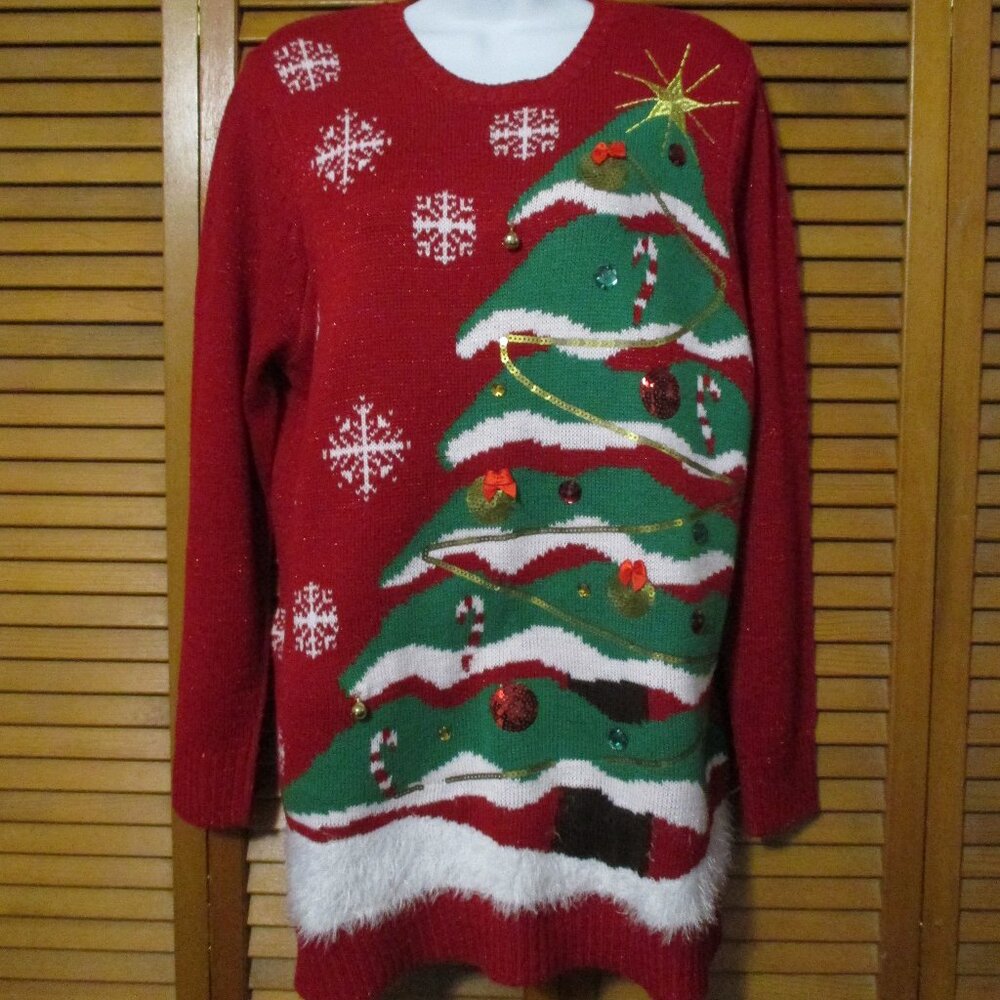 Holiday Time Christmas Ugly sweater red sparkle & green tree to decorate size 1x